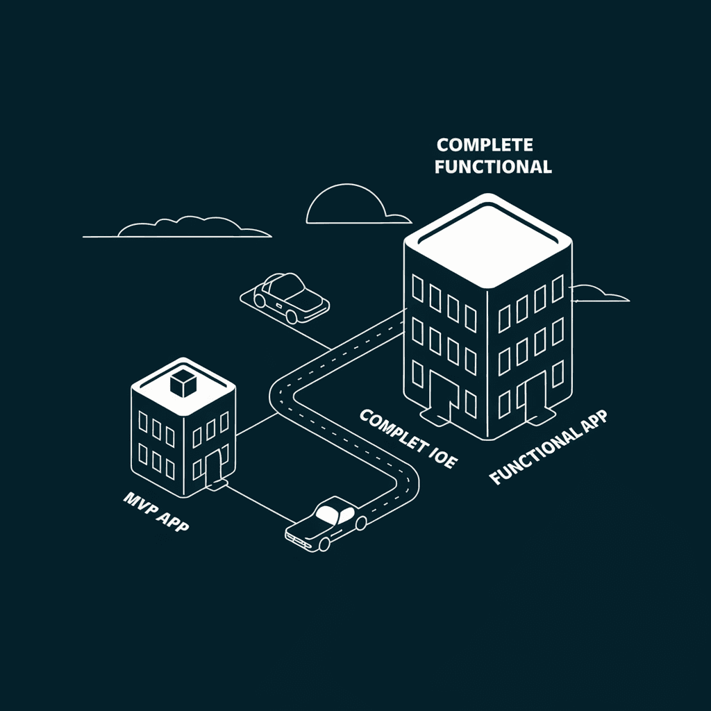 An image that representes the journey from an MVP concept app to a fully functional software as a service